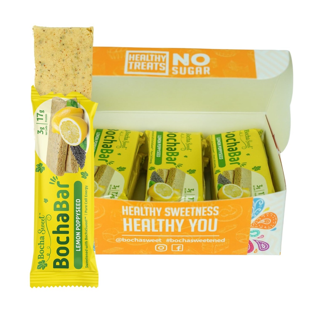 BochaSweet Keto Protein Bar, Lemon Poppyseed BochaBar, 17g Grass Fed Collagen, Low Carb, Keto-Friendly, Gluten Free, 12 Count