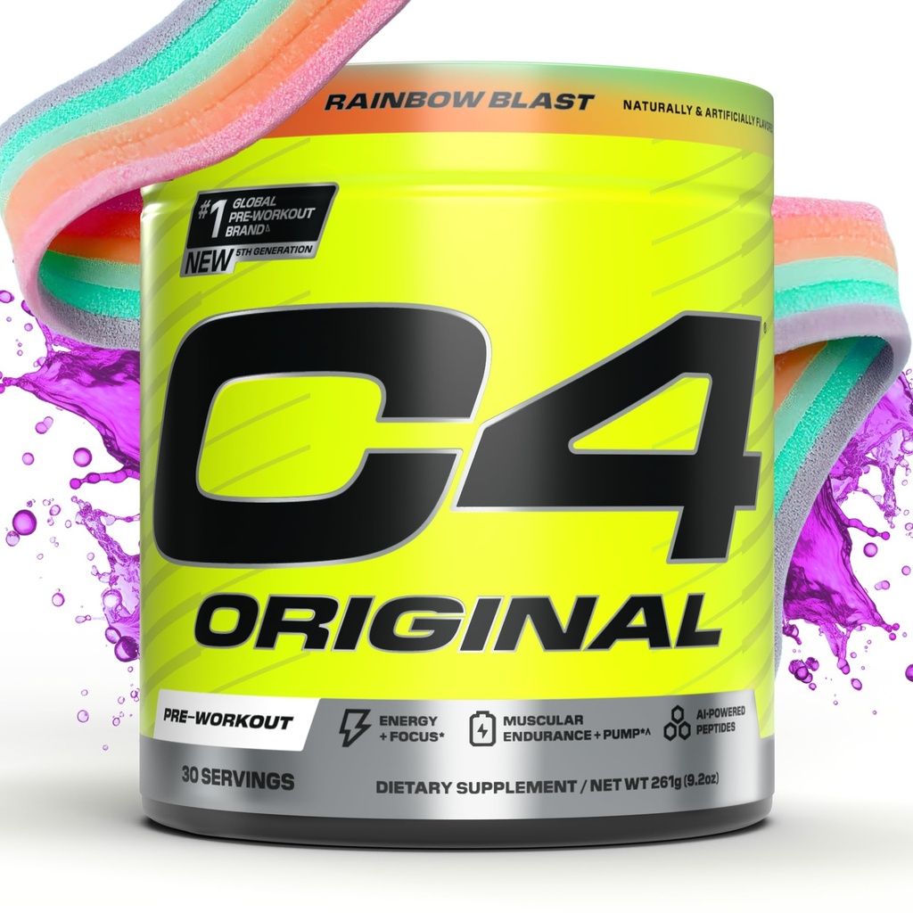 C4 Original Pre Workout Powder Sugar Free for Men & Women 200mg Caffeine + CarnoSyn Beta-Alanine + Creatine + AI Peptides - Rainbow Blast, 30 Servings