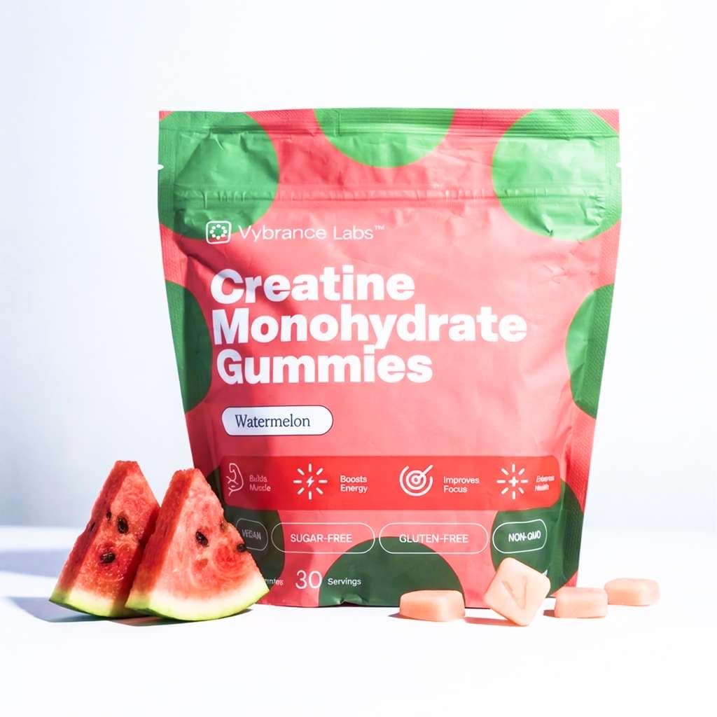 VYBRANCE LABS 3-in-1 Creatine Monohydrate Gummies | 5g Creatine + Taurine + Vitamin B12 | Muscle Strength, Brain Energy & Focus | Sugar-Free Vegan | Men & Women | Watermelon