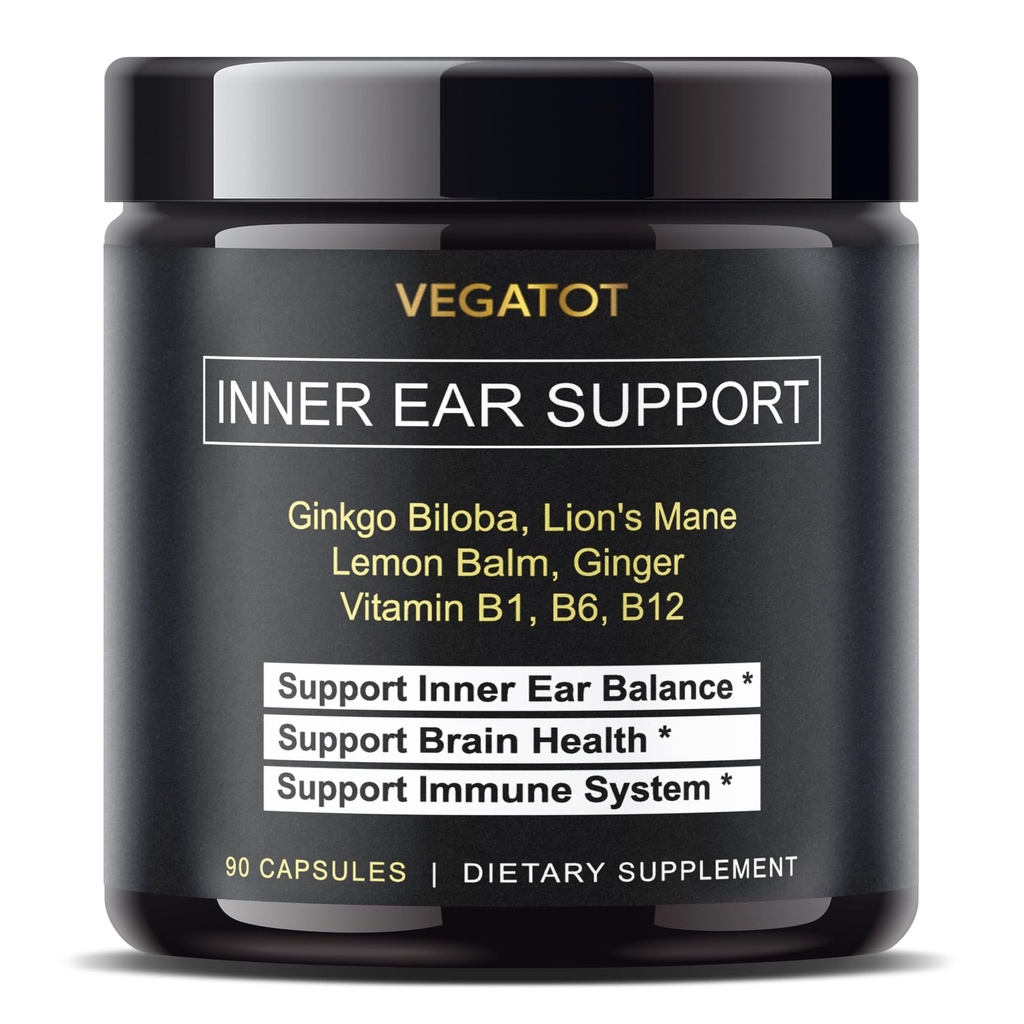 Supplément VEGATOT Vertigo *USA Fabriqué et testé* Supplément d'oreille interne avec Ginkgo Biloba Lion Mane Lemon Baume Ginger VIT B1, B6, B12- pour l'équilibre d'oreille interne de spinning
