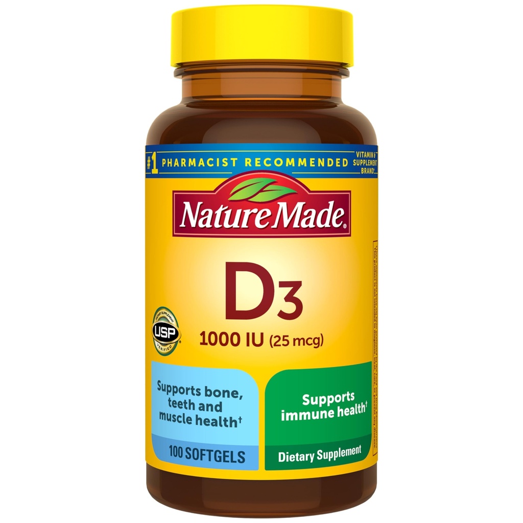 Nature Made Vitamin D3 1000 IE (25 mcg), Vitamine D Supplement voor bot, tanden, spier- en immuungezondheidsondersteuning, 100 Softgels, 100 dagen levering