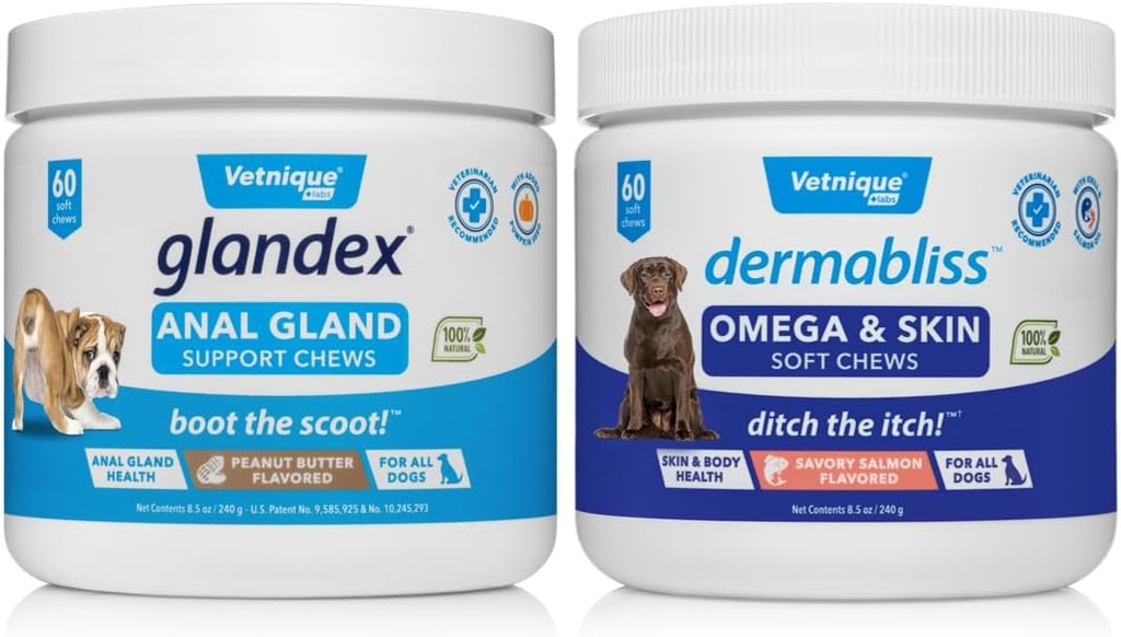 VetNIQUE Dermabliss Omega & Skin Supplement Kauwen voor honden (60ct) & Glandex Anal Gland Support Pindakaas Zachte Kauwen voor honden (60ct) Bundel