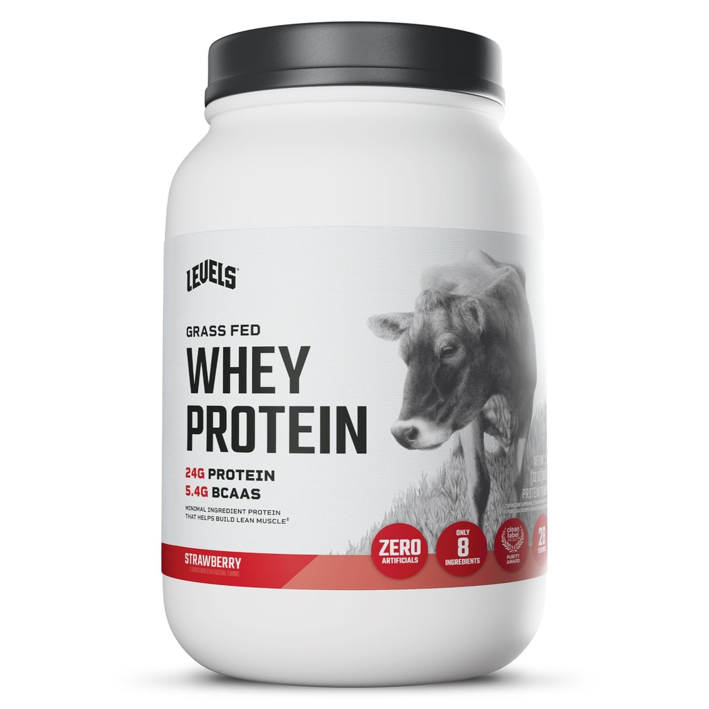 Niveaus Gras Fed Wei Proteïne Poeder, Geen Kunststoffen, 24G eiwit, Aardbei, 2LB