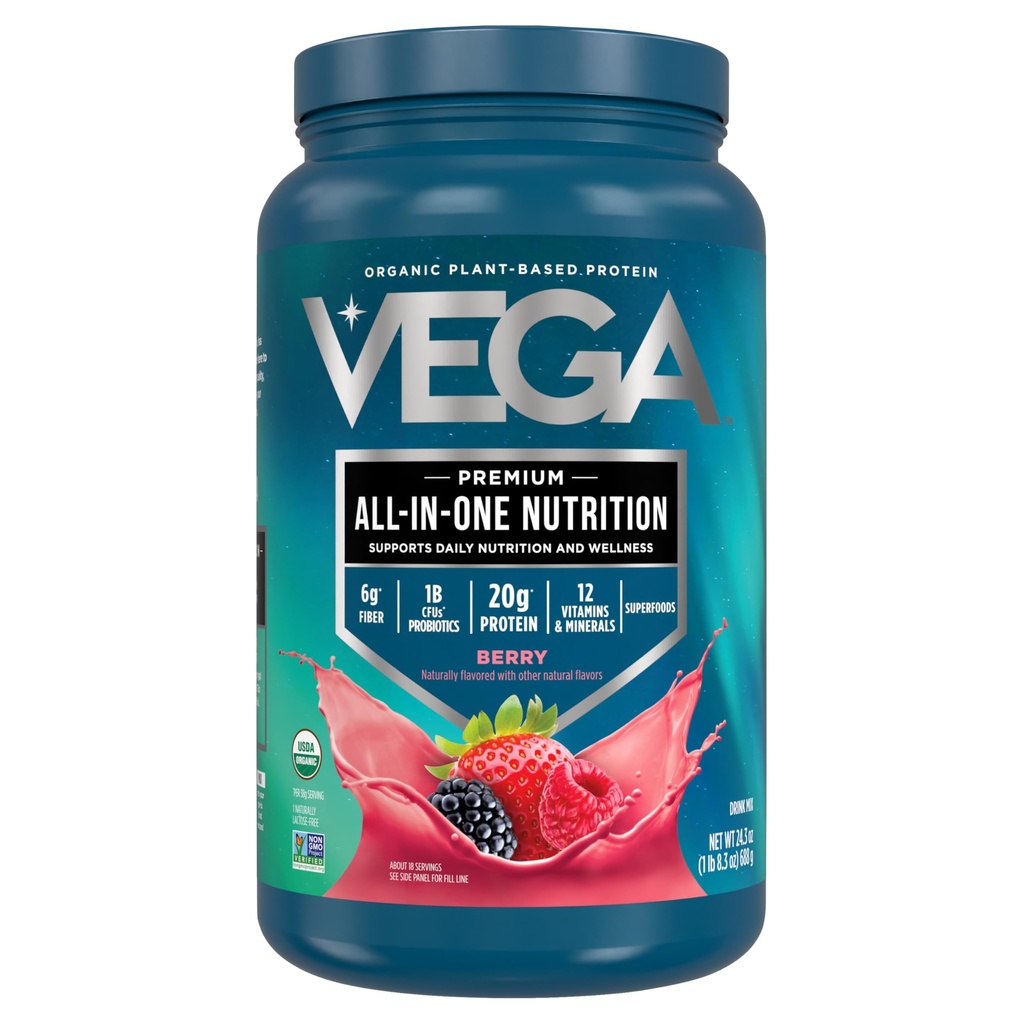Vega All in One Nutrition Organic - 20g Plant-Based Pea Protein, Berry, 20 Servings, Vitamines A & C, Probiotica, Groenen, Vegan, Keto, Glutenvrij, 24.3oz (Verpakking mei Vary)