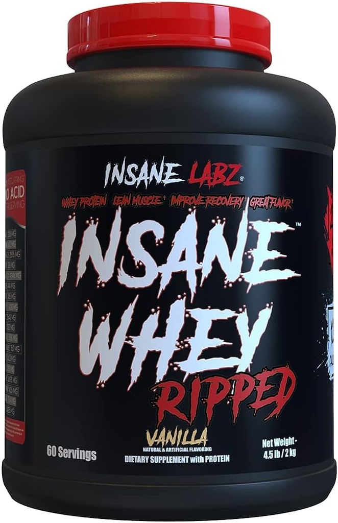 Insane Labz Insane Whey Ripped, Lean Muscle Building Protein met L-Carnitine en CLA Oil Powder, 5lbs 60 Servers, Vanille