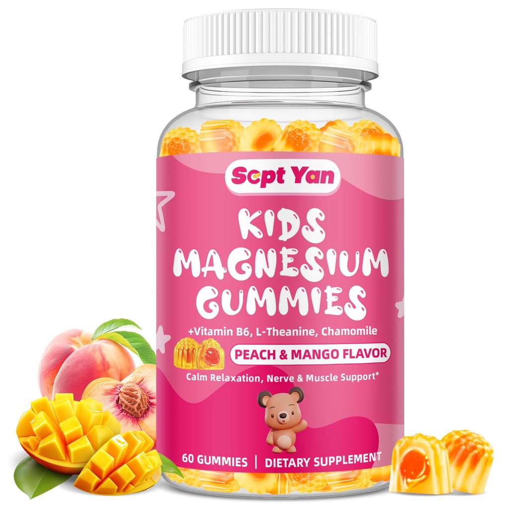 Kids Magnesium Gummies, Magnesium Glycinate Gummies for Kids & Adults with Citrate, L-Theanine, Chamomile, Vitamin B6 for Sleep, Relaxation, Brain & Muscle, Sugar Free Peach & Mango 60ct