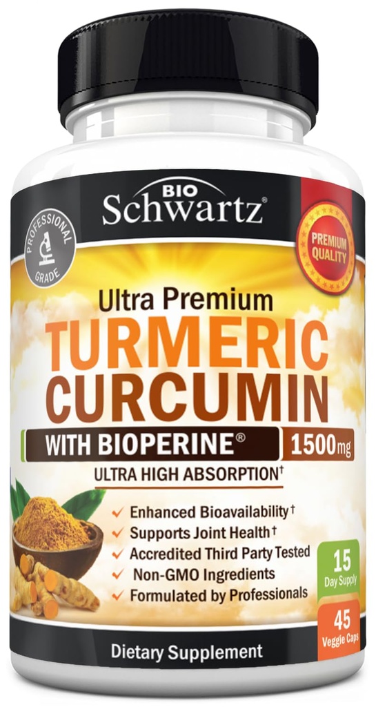 Kurkuma Curcumine met Black Pepper Extract 1500mg - Hoge Absorptie Ultra Krachtige Kurkuma Supplement met 95% Curcuminoïden en BioPerine - Niet GGO Tumerische Capsules voor gezamenlijke ondersteuning - 45 Capsules