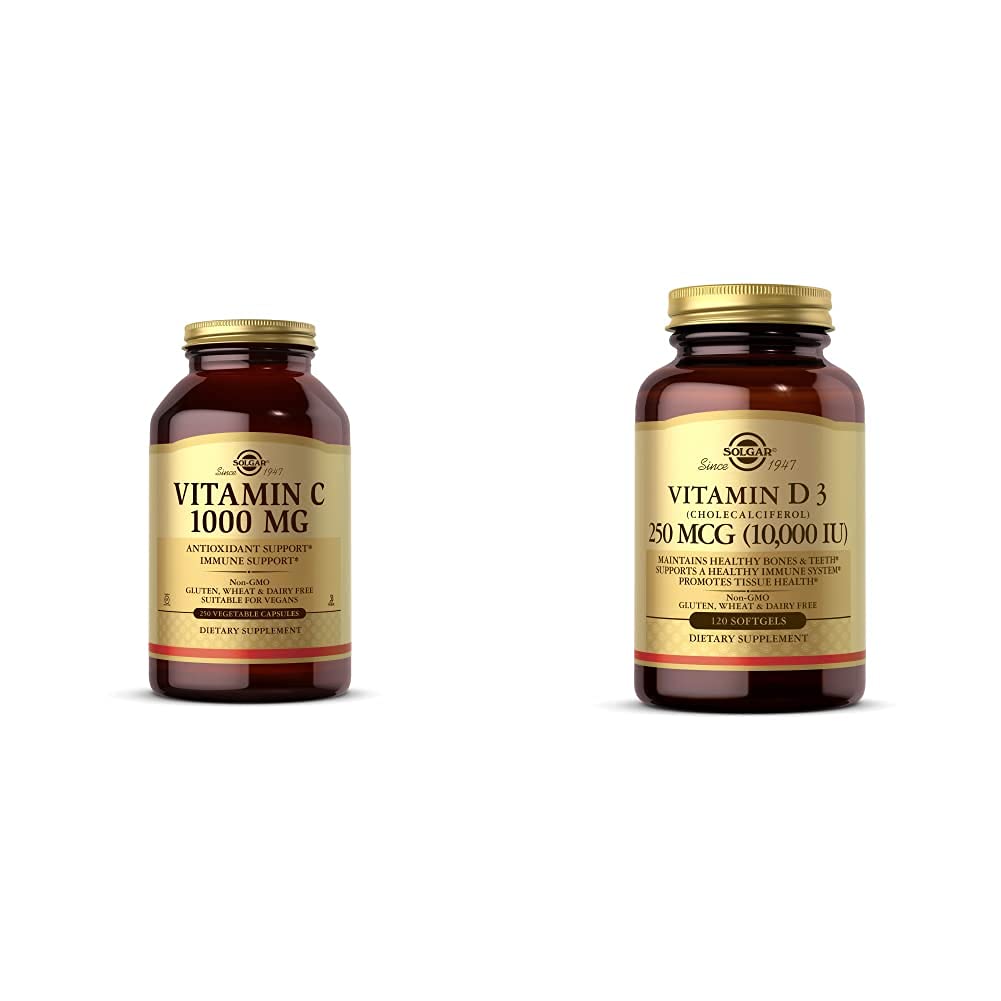 Solgar Vitamin C 1000 mg, 250 Vegetable Capsules - Antioxidant & Immune Support - Overall Health - H with Vitamin D3 (Cholecalciferol) 250 MCG (10,000 IU), 120 Softgels - Helps Maintain Healthy Bones