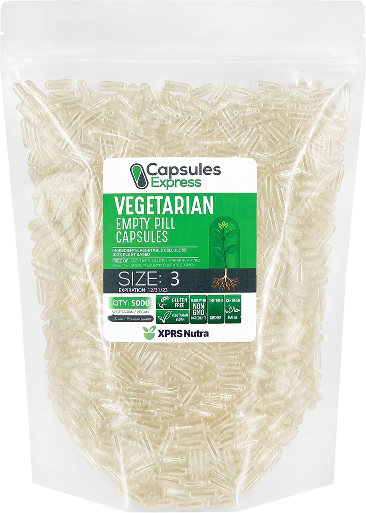 XPRS Nutra Maat 3 Lege Capsules - 5000 Graaf Helder Lege Vegan Capsules - Vegetarische Lege Pillen - DIY Plantaardige Capsule Filling - Veggie Pillen Caps