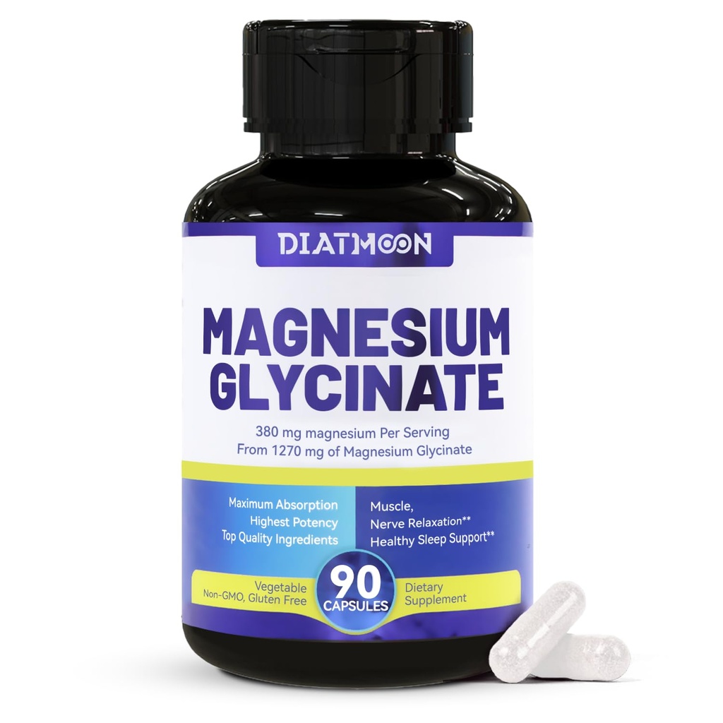Magnesium Glycinate Capsules 380mg, Magnesium Supplement voor Spier, Hart, Zenuwondersteuning, 45 Sevings Hoge Absorptie, Non-GMO en Glutenvrij - 90 Tellingen
