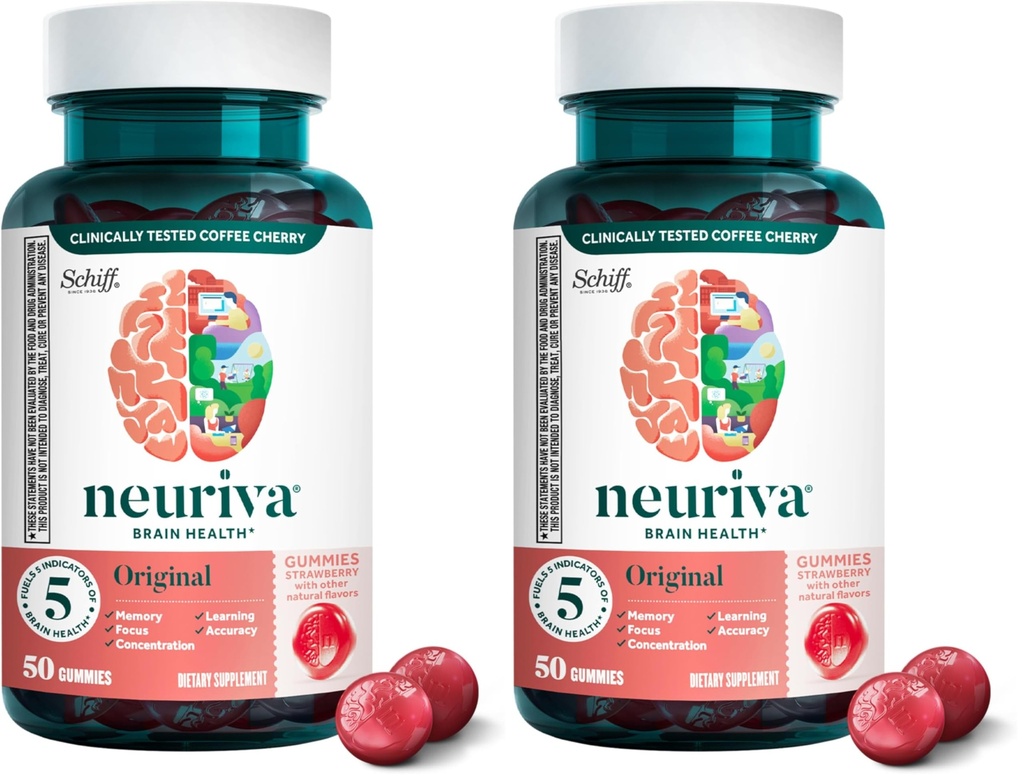 NEURIVA Original Brain Supplement for Memory, Focus & Concentration, Learning & Accuracy with Clinically Tested Nootropics Phosphatidylserine and Neurofactor,Strawberry Flavor, 50 Gummies (Pack of 2)