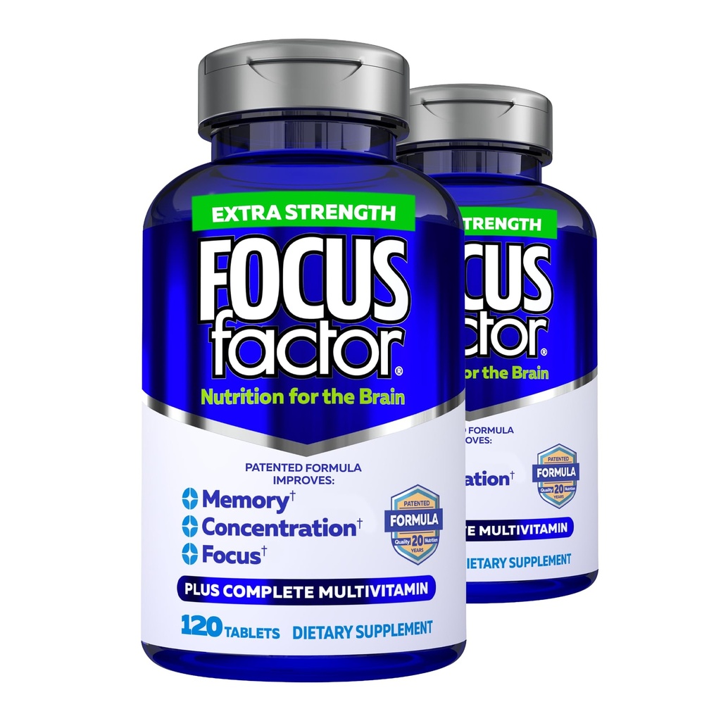 Focus Factor Adults Extra Strength, 120 Count - Brain Supplement for Memory, Concentration and Focus - Complete Multivitamin with DMAE, Vitamin D, DHA - Trusted Health Vitamins (Pack of 2)
