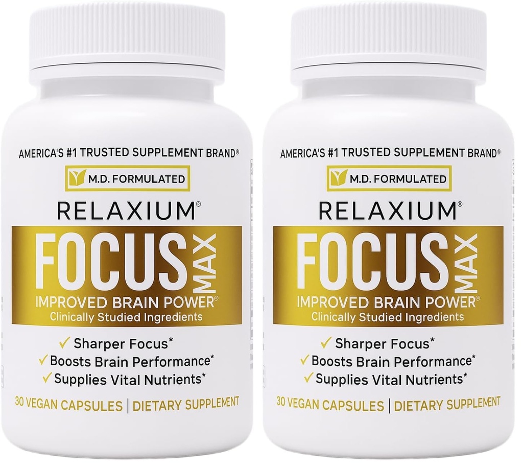 Relaxium FocusMax, Brain & Focus Health Supplement, Mental Clarity Support, Proven Concentration, Focus, Memory, & Nootropics Booster, USA-Manufactured, 30 Vegan Capsules (Pack of 2)