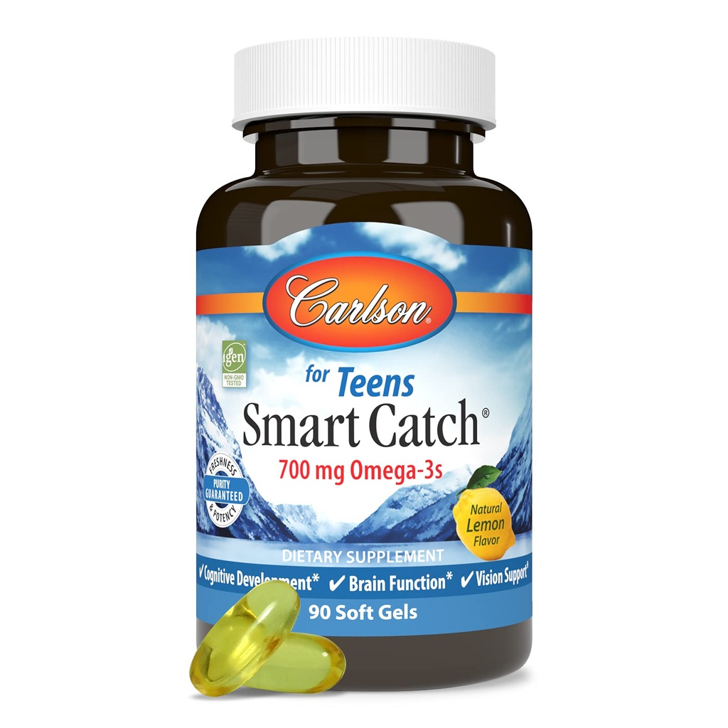 Carlson - Teen's Smart Catch, 700 mg Omega-3s, Cognitive Development, Brain Function & Vision Support, Lemon, 90 Softgels