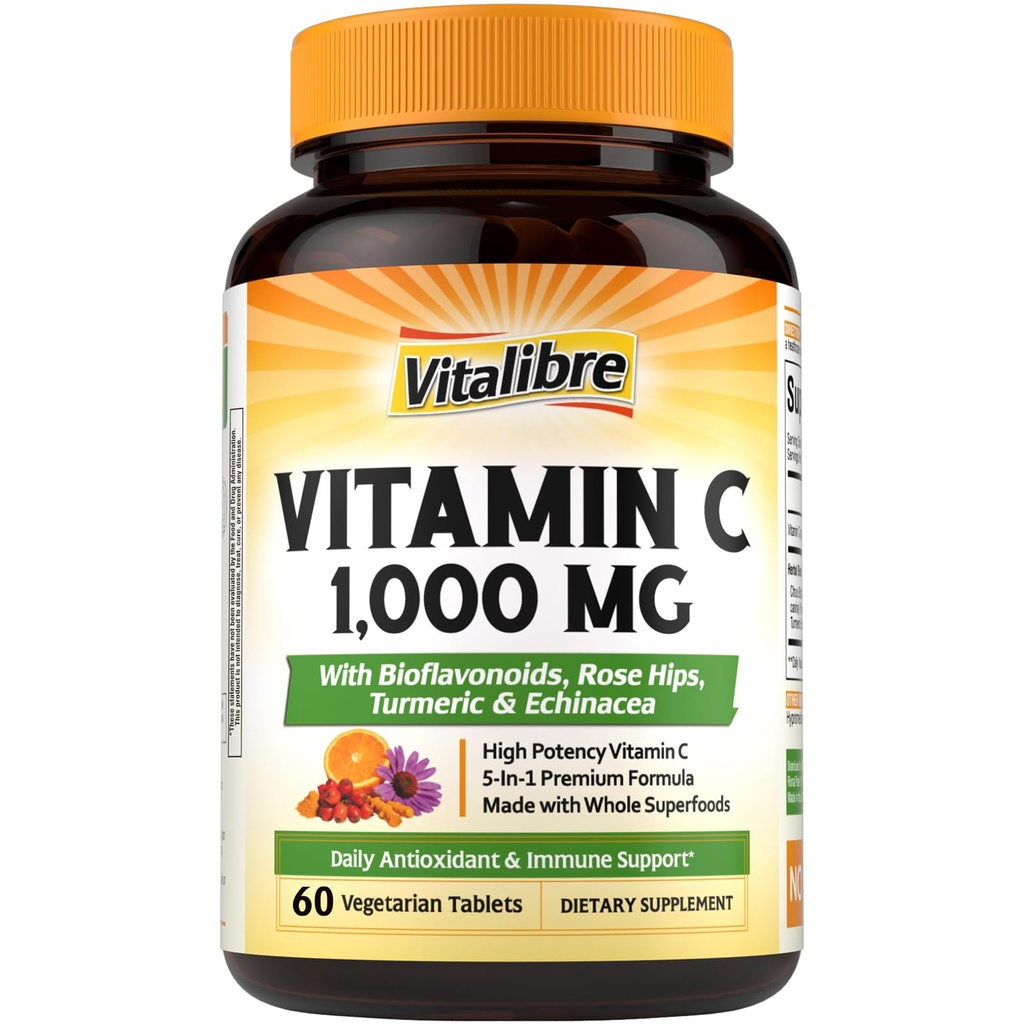 Vitalibre Vitamin C 1000mg, with Citrus Bioflavonoids, Rose Hips, Echinacea & Turmeric, Immune Support, Antioxidant Protection, Collagen Production, 60 Vegan Tabs