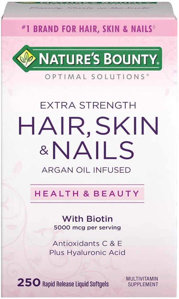 Nature's Bounty Hair Skin and Nails 5000 mcg Biotine - 250 gecoate tabletten Normale & extra sterkte (Extra sterkte, twee flessen elk van 250 Softgels)