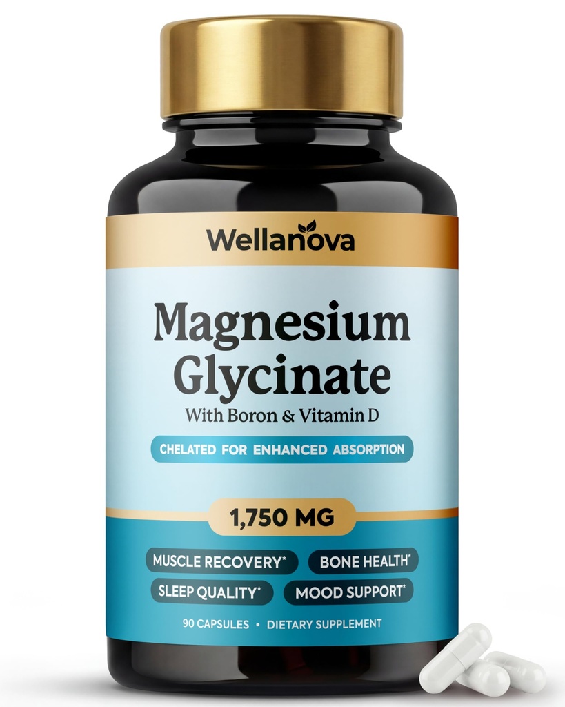 Magnesium Glycinate (Chelated) 1,750 mg – Supplement to Support Stress Relief, Sleep, Muscle Relaxation & Recovery – with Boron & Vitamin D3 – High Absorption – for Women & Men – 90 Capsules
