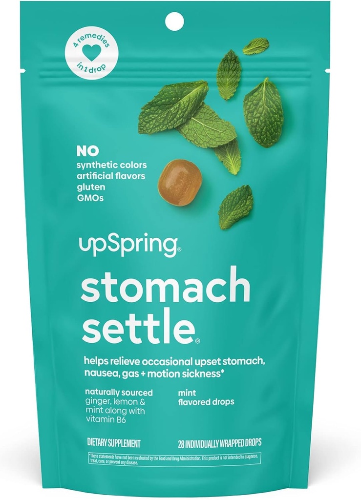 UpSpring Maag settel druppels voor af en toe Misselijkheid Relief/Upset Maag met gember, citroen, spearmint, en B6. Mint Flavor Drops, 28 Ct(Verpakking mei Vary)
