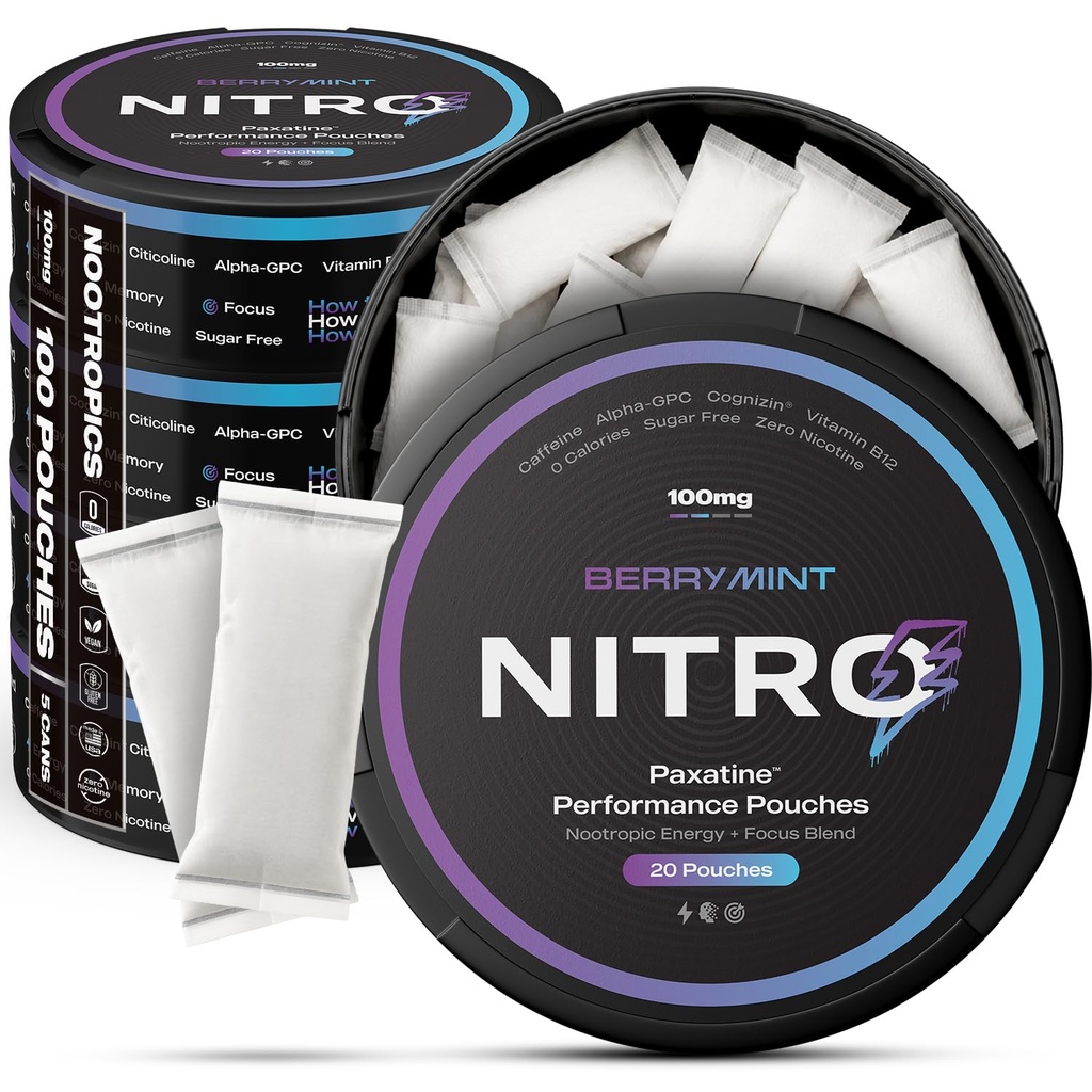 Nitro Nootropic Energy Pouches - Energy + Focus Pouches - 100mg Caffeine, Alpha GPC, Cognizin® Citicoline, L-Theanine, Vitamin B12 - No Sugar, Nicotine-Free - 20 Pouches Per Can - 5 Pack - Berry Mint