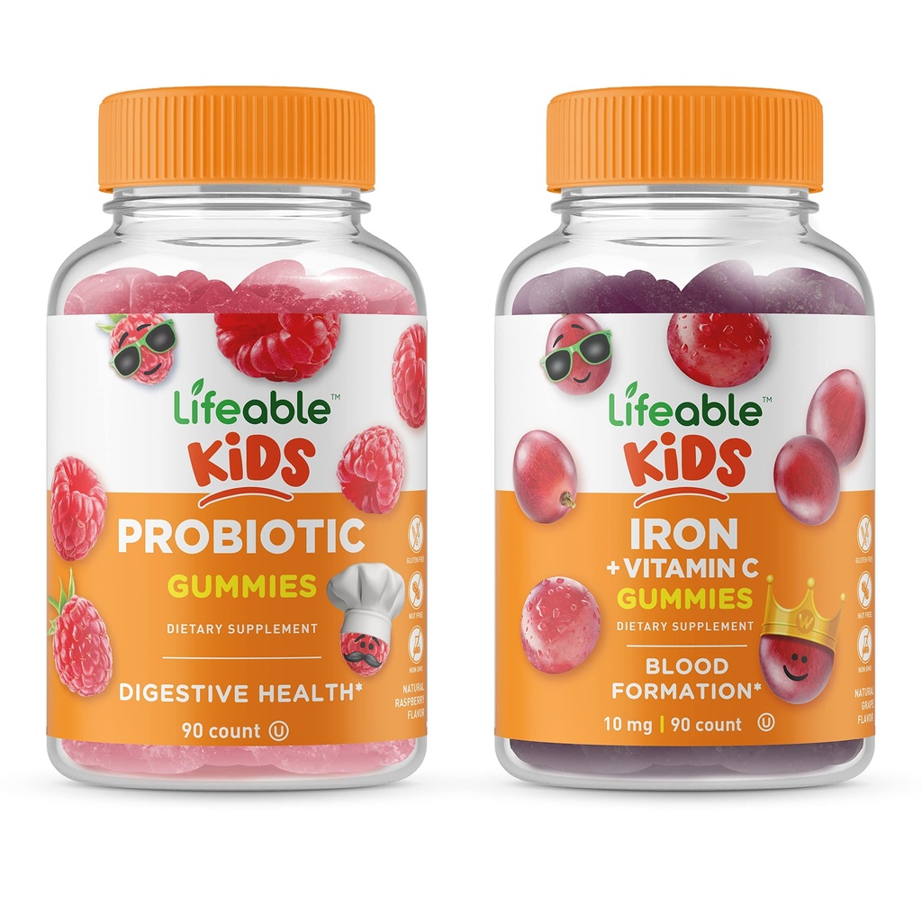 Lifeable Probiotic 2 milliards d'UFC Enfants + Fer et vitamine C Enfants, Gommies Bundle - Grande dégustation, supplément de vitamine, sans gluten, sans OGM, gommy à croquer