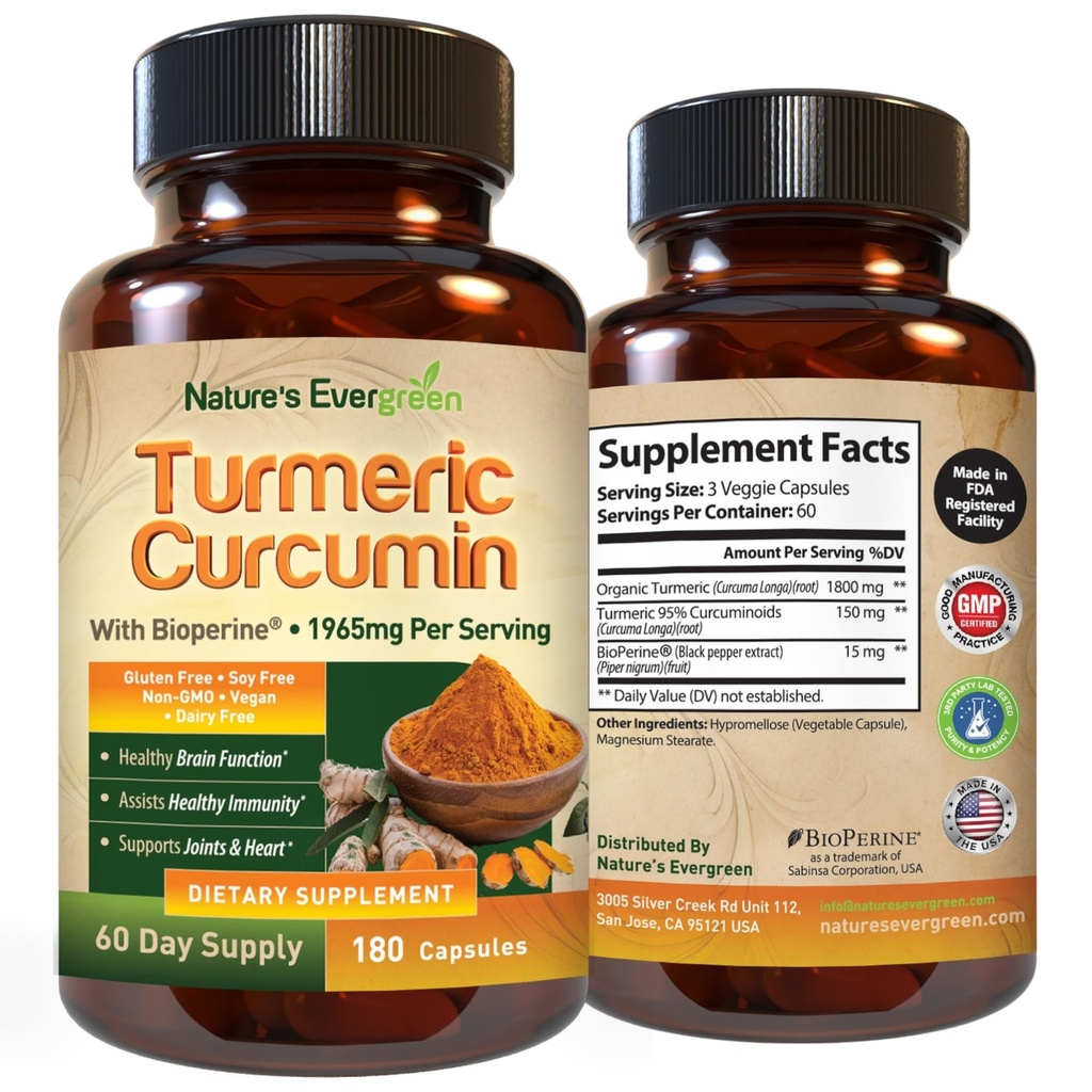 Curcumine curcumine avec extrait de poivre noir (Bioperine) et supplément de soutien de joint végétalien curcuma biologique. Extrait 95% Curcuminoides 1965mg Supplément pour les articulations saines et le soutien immunitaire. 180 gélules