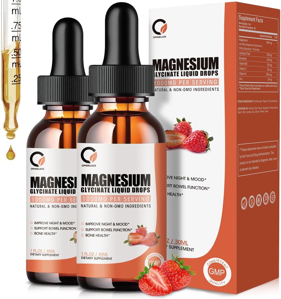 Glycinat de magnésium gouttes liquides, 1000 mg de supplément de magnésium liquide avec bromélaine, vitamine B6 C D, complexe de magnésium à haute absorption pour la nuit, le muscle et le soutien énergétique, 1 Fl Oz (paquet de 2)