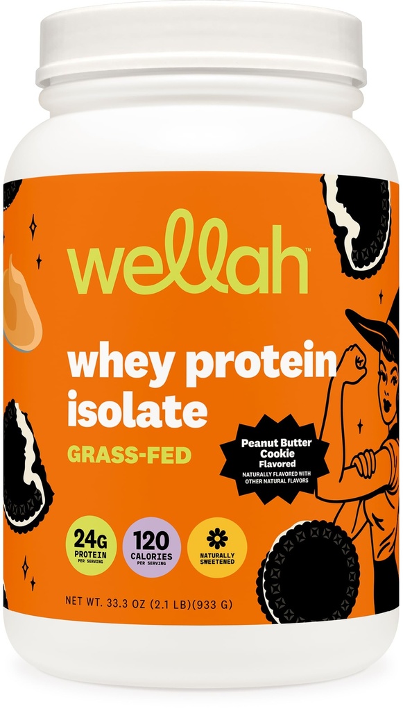 Wellah Grass-Fed Whey Protein Isolate Powder (Peanut Butter Cookie) 30 Servings - 24g of Protein, 120 Calories Per Serving, Naturally Sweetened