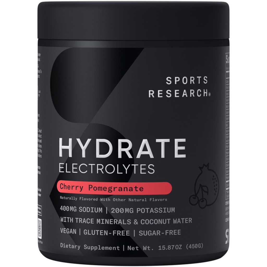 Sports Research Hydrate Jars - Sugar-Free & Naturally Flavored with Vitamins, Minerals, and Coconut Water - Supports Hydration - 15.67 OZ. - Cherry Pomegranate