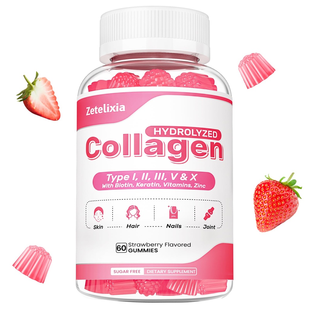 Collageen Gummies for Women Mannen, Gehydrolyseerde Collageen Peptide Type I,II,III,V,X met Biotine, Vitamine C A B D E voor huidhaar Nagels J0ints, Immuniteit Energie Vertering, Suikervrij, 60 Tellen