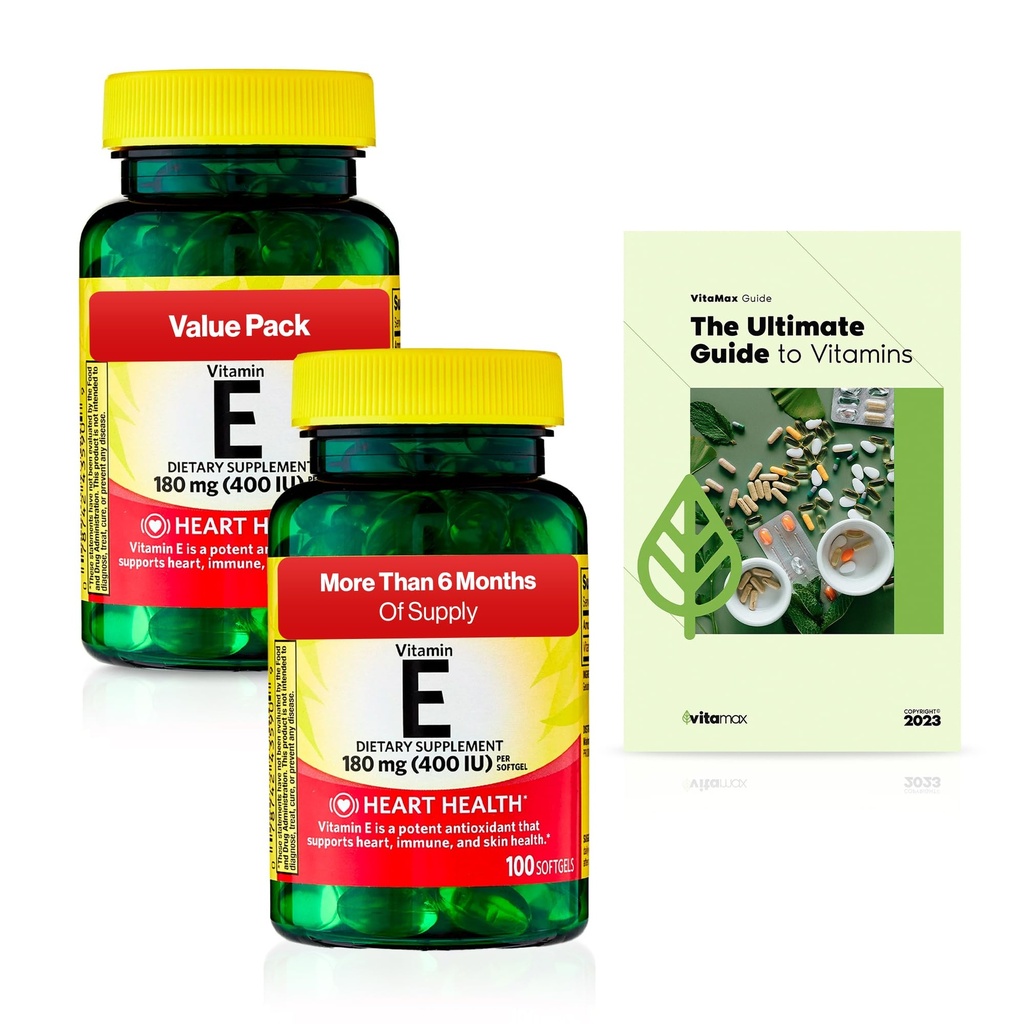 Spring Valley Vitamine E Heart Health Dieetsupplement Softgels, 180 mg (400 IE), 200 Telling, 2-pack + Exclusieve VitaMax Vitamine Gids (3 Items)
