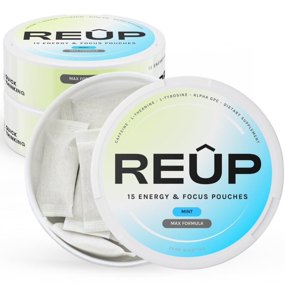 REUP Caffeine Pouches 80mg 15 Pouches per Can L-Theanine L-Tyrosine Alpha-GPC Vitamin C 3 Pack Mint