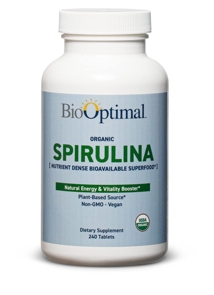 BioOptimale Organische Spirulina Tabletten - Biologische, Niet-GMO, Geen Additieven of Fillers - 500mg Premium Kwaliteit Dieetsupplement met Vitaminen, Mineralen, & Antioxidanten (240 Tabletten)