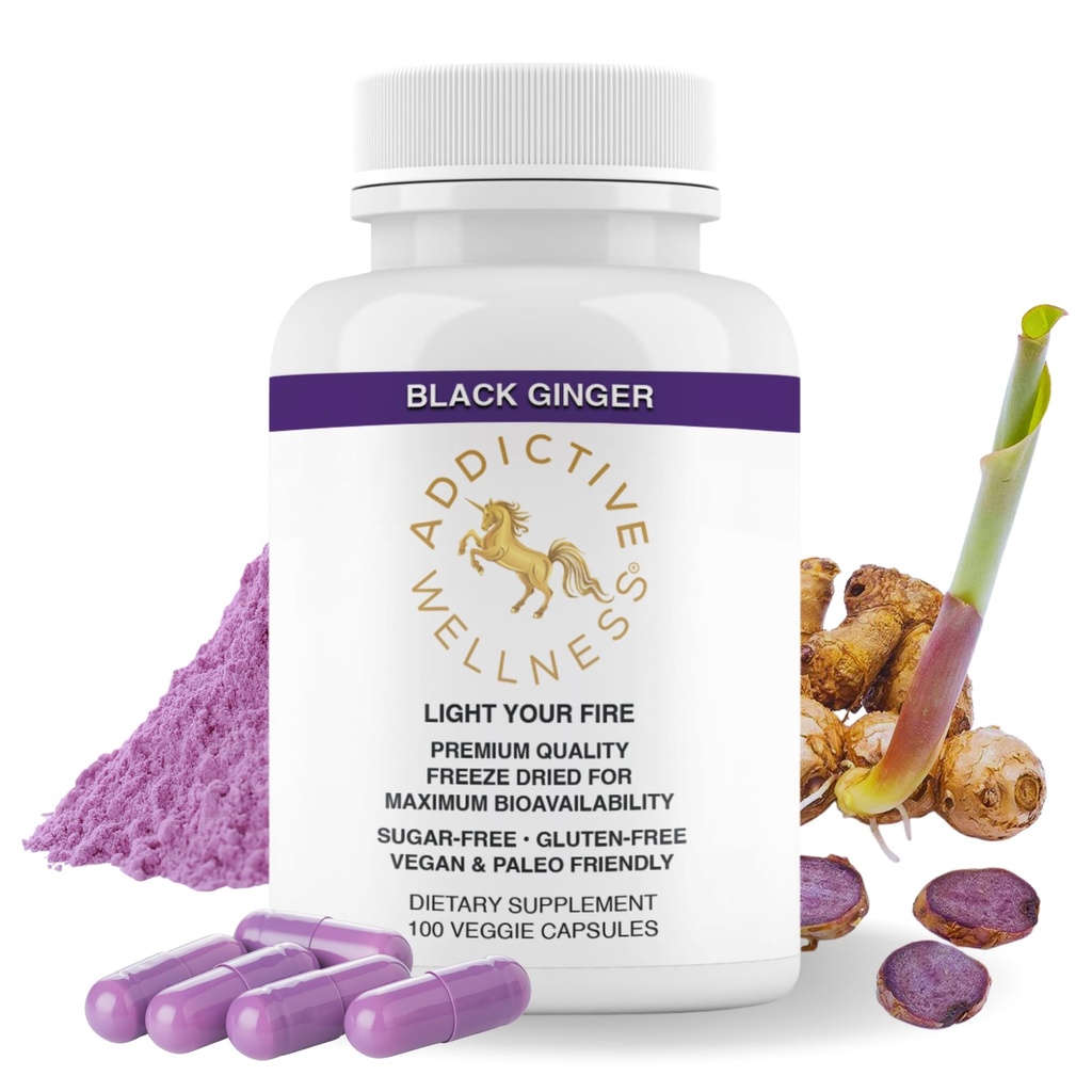Addictive Wellness Ginger Black Capsules 450mg, Kaempferia Parviflora Supplément pour soutenir l'énergie, le métabolisme, l'endurance et la performance, Ginger noir thaïlandais pour les hommes, Vegan & Paleo, 100 comtes