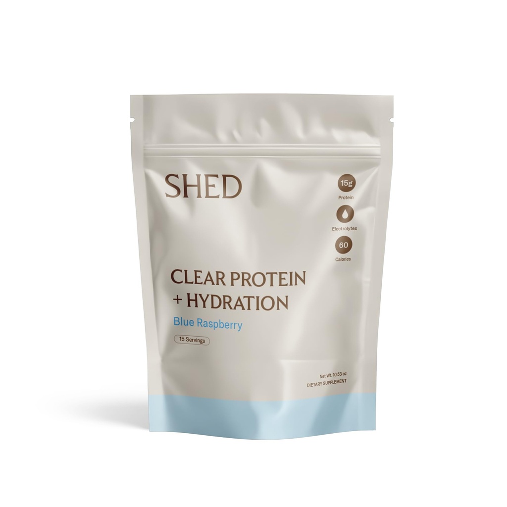 Clear Protein Powder with Electrolytes by Shed, 15g Whey Protein Isolate, Low Calorie and Lactose Free, Light and Clean Hydration Drink, Bloat-Free Post Workout Supplement, Blue Razz (15 Servings)