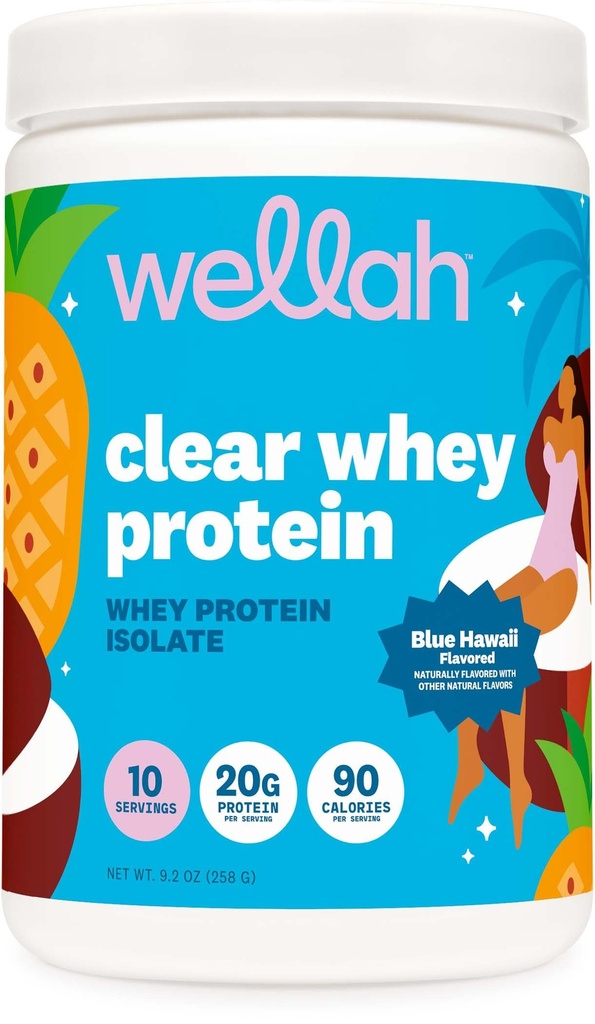 Wellah Clear Whey Protein Isolate Powder (Blue Hawaii) 10 Servings - 20g of Protein, 90 Calories, Sweetened with Stevia