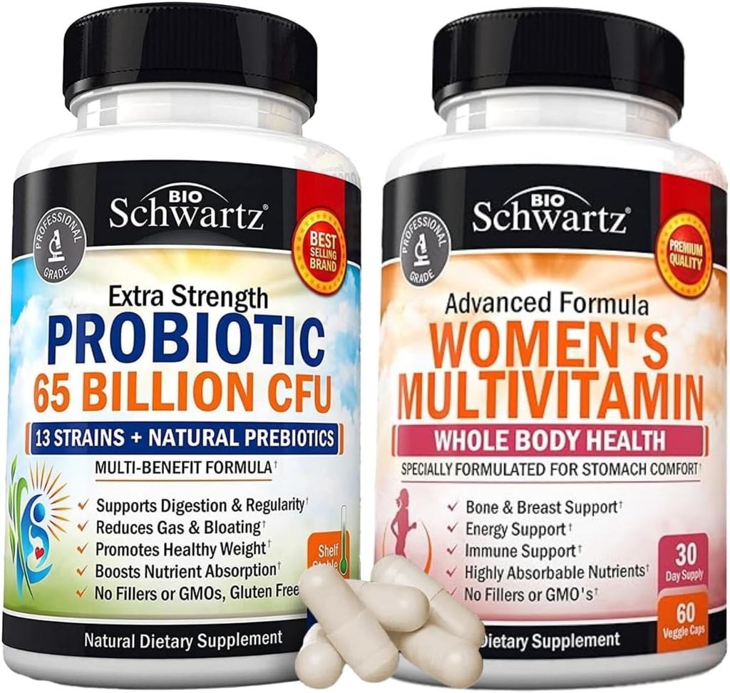 Dagelijkse Multivitamine voor Vrouwen Capsules (1 Maand Levering) Plus 65 Miljard CFU Dagelijks Probiotisch Supplement (1 Maand Levering)