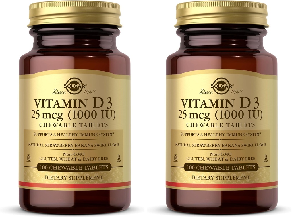 Solgar Vitamin D3 (Cholecalciferol) 25 mcg (1000 IU), Natural Strawberry Banana Swirl - 100 Chewable Tablets - Non-GMO, Kosher - 100 Servings (Pack of 2)