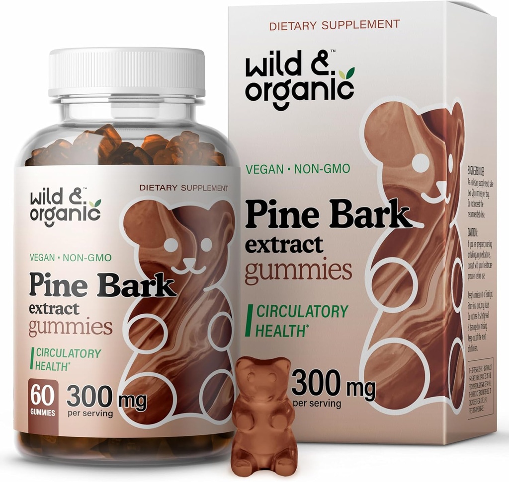 Wild & Organic Pine Bark Extract Gummies 300mg - Antioxidant Support w/French Maritime Pine Bark Tree - Pinus Pinaster Supplements - 60 Antioxidant Gummies - Vegan, Non-GMO