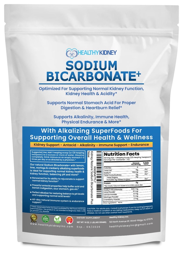 Utilisation biologique Bicarbonate de sodium Supplément alcalin pour l'alcalinité. Soutien des reins et de l'acide stomach Neutralizer avec/Alkaline Superfoods. Poudre de bicarbonate de sodium Rein Imune Support Antiacide Sports 1LB