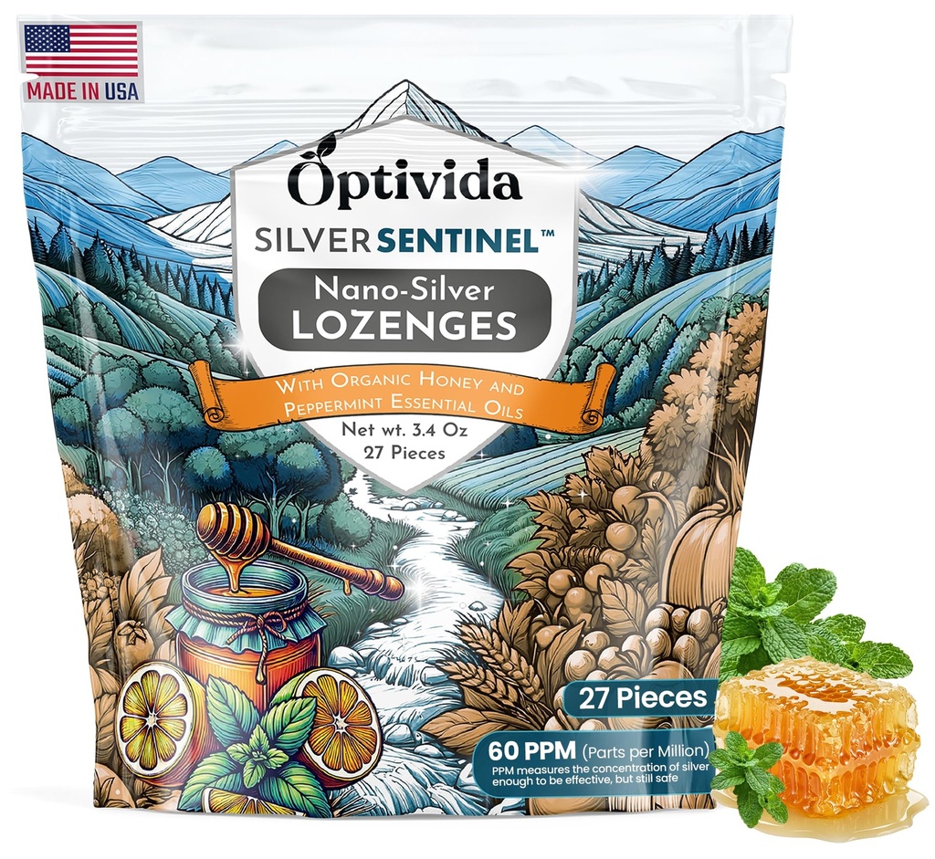OPTIVIDA Health Lozanges d'argent colloïdal au miel et à l'huile de citron (1 pack) - Lozages de gorge apaisants pour adultes avec soulagement de la toux et formule Nano Silver à action rapide pour le soutien immunitaire, 60 Ppm