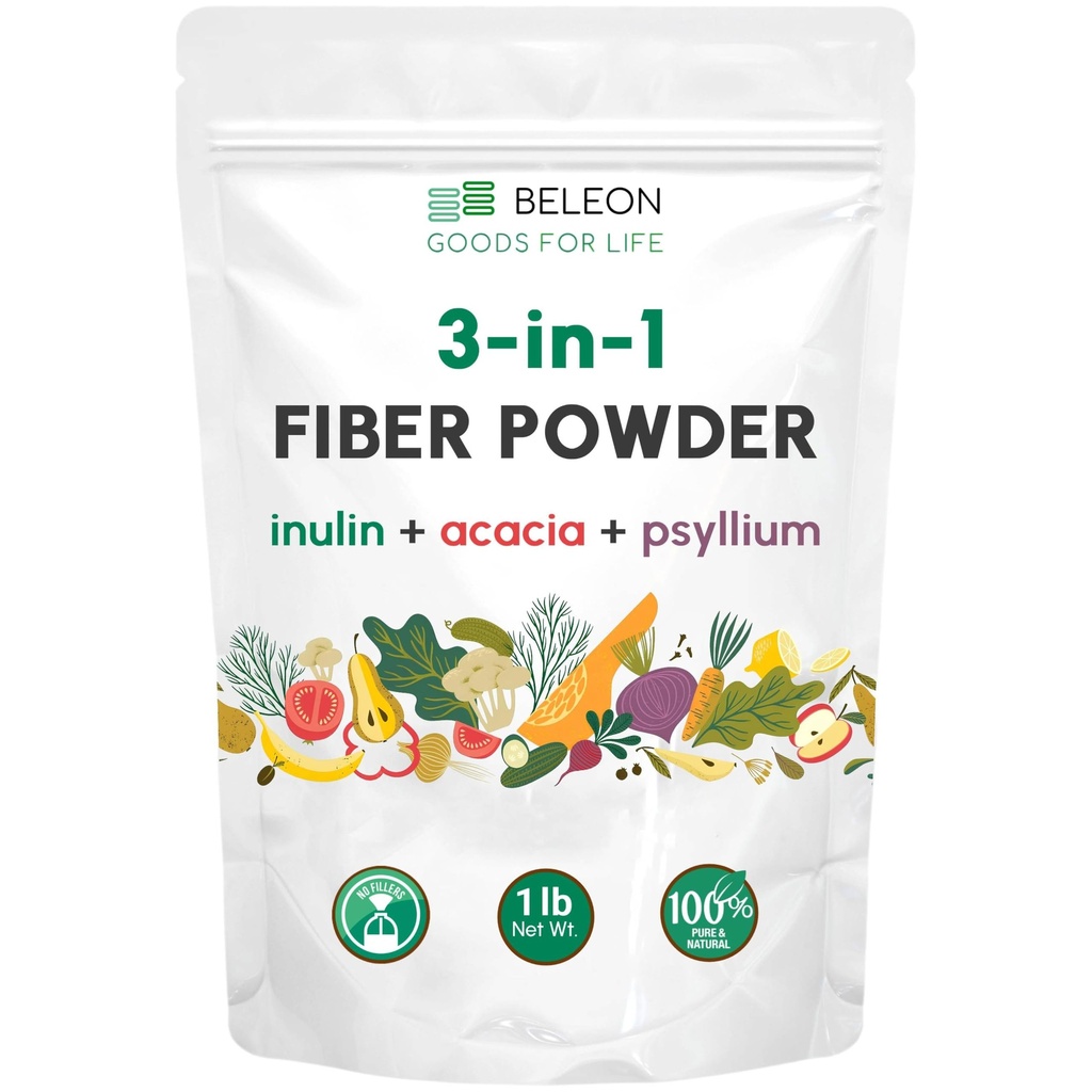 Fiber Powder 3 in 1 Blend 1 lb - Unflavored Fiber Supplement with Psyllium Husk, Inulin & Acacia – Supports Microbiome & Satiety