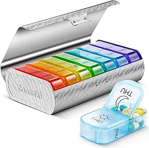 Zannaki Metal XL Weekly Pill Organizer 2 fois par jour, grand voyage quotidien Pill Box 7 jour, portable deux semaines porte-pilule conteneur, AM PM Pill Case pour médecine supplément de vitamines, argent