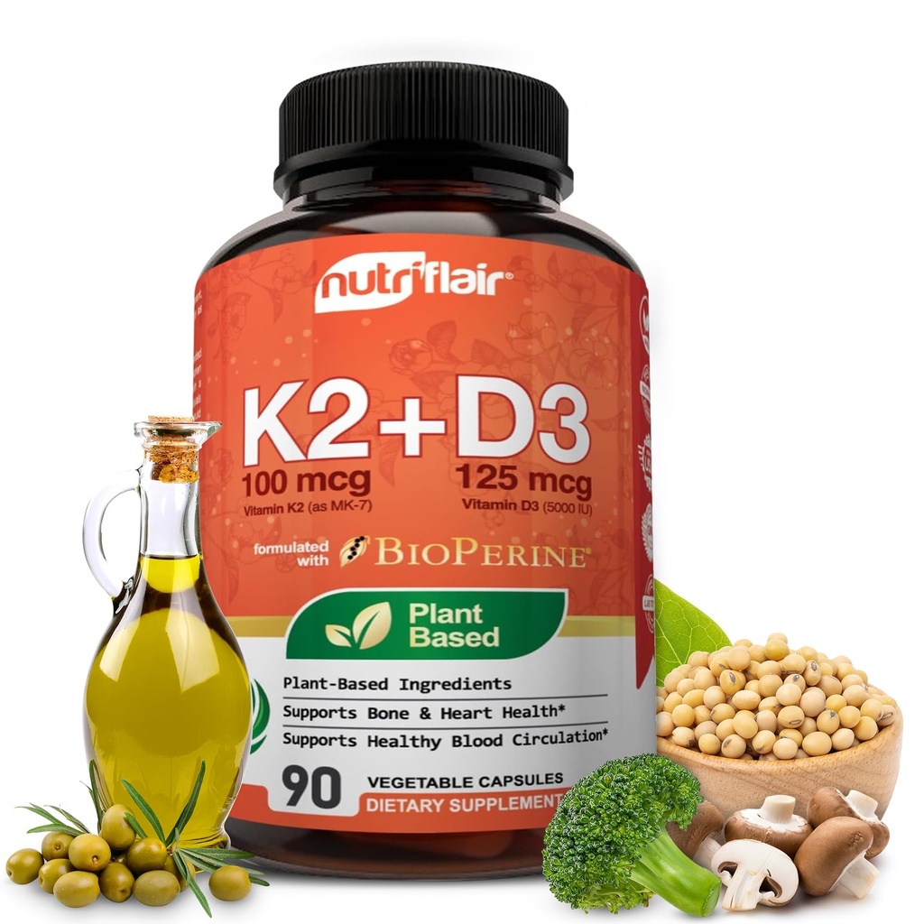Vitamines NutriFlair D3 (5000iu/125mcg) + K2 (sous forme de Mk7) - Fabriqué avec des ingrédients à base de plantes Plus Extrait de poivre noir BioPerine, 90 Capsules - Soutient l'Immune saine, le coeur et la santé - Pills non OGM