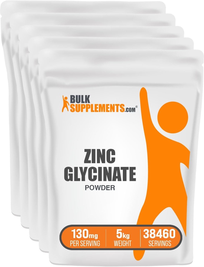 BulkSupplements.com Zink Glycinate Powder - Zinksupplement, Mineral Supplement for Immune Support - Glutenvrij, 130mg per portie, 5kg (11 lbs) (pakket van 5)