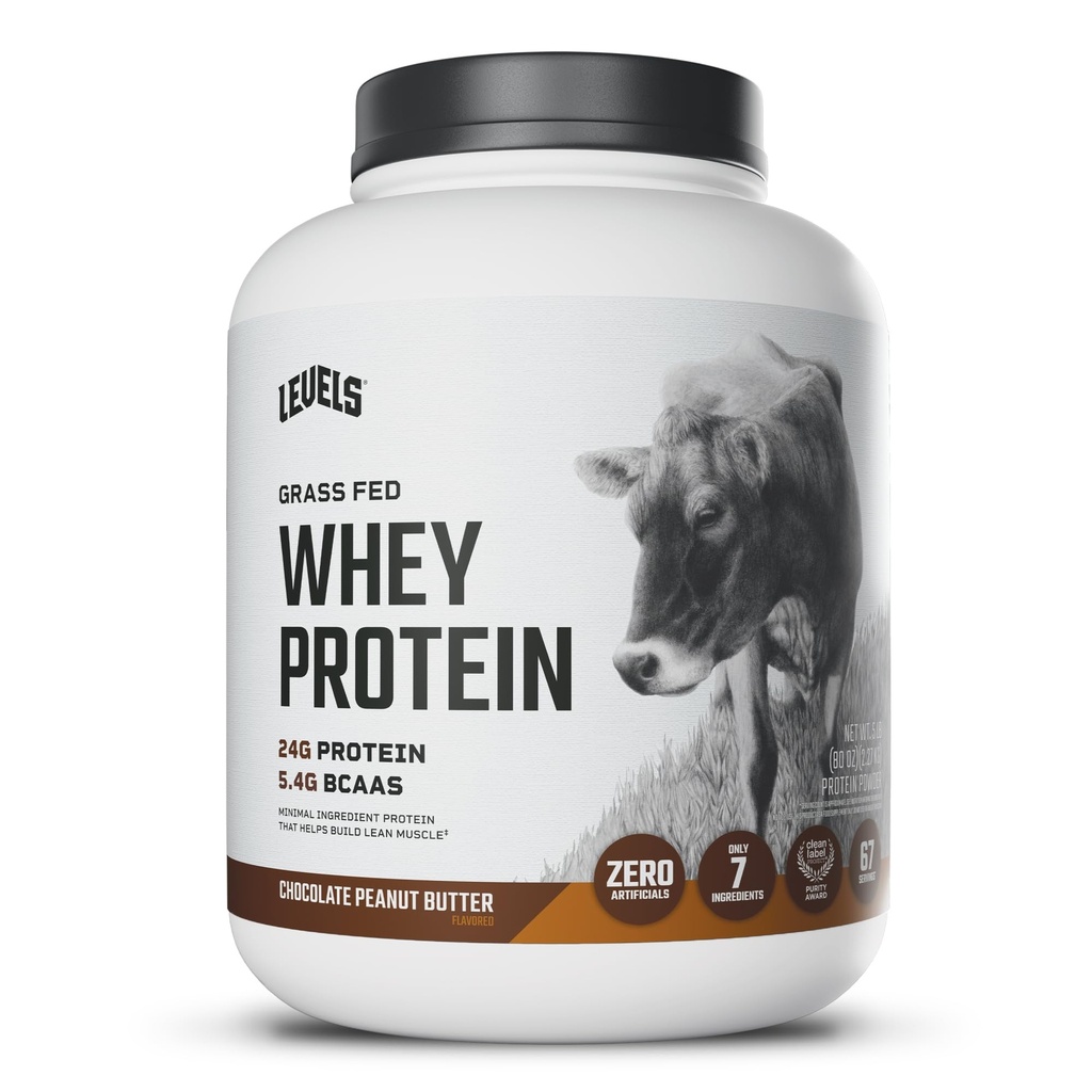 Levels Grass Fed Whey Protein Powder, No Artificials, 24G of Protein, Chocolate Peanut Butter, 5LB