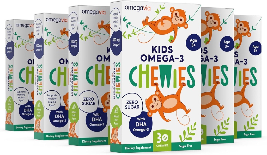 Omega 3 Gummies - Ultra-High DHA Chewable Gel Gummy - for Kids Supports Brain & Eye Health - Sugar-Free Natural Fruit Smaak - Kids Omega 3 Fish Oil Gummies (6 Pack)