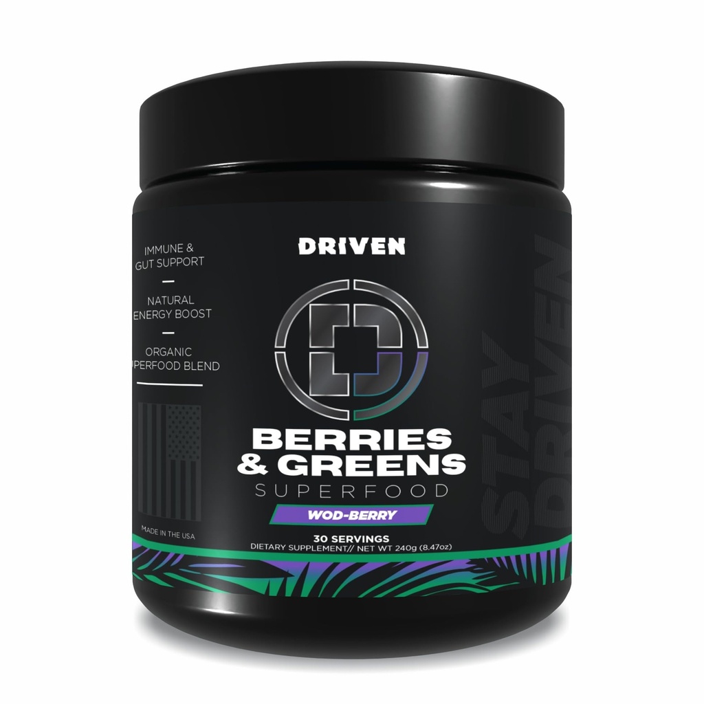 Driven B&G Berrys & Greens Superfood Powder, 30 Servings - Organic Plant Based Formula with Probiotics & Digestive Enzymes -Supports Recovery, Healthy Digestion, and Immune Function