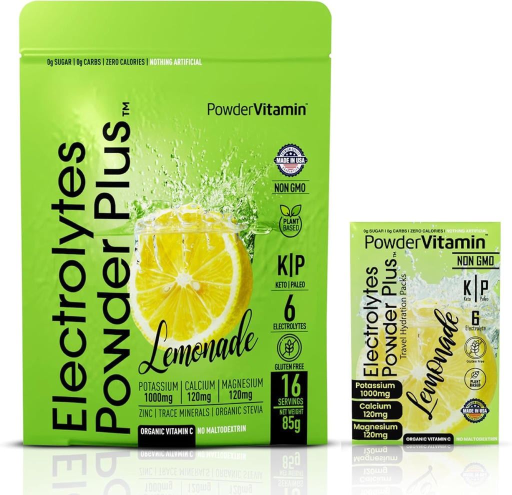 PoudreVitamine Electrolytes Poudre Plus, Keto, Lémonade, Sans sucre, Sel rose d'Himalaya, 1000mg Potassium, 120mg Calcium, 120mg Magnésium, Non-OGM, Calories Zéro, (16 emballages d'hydratation)