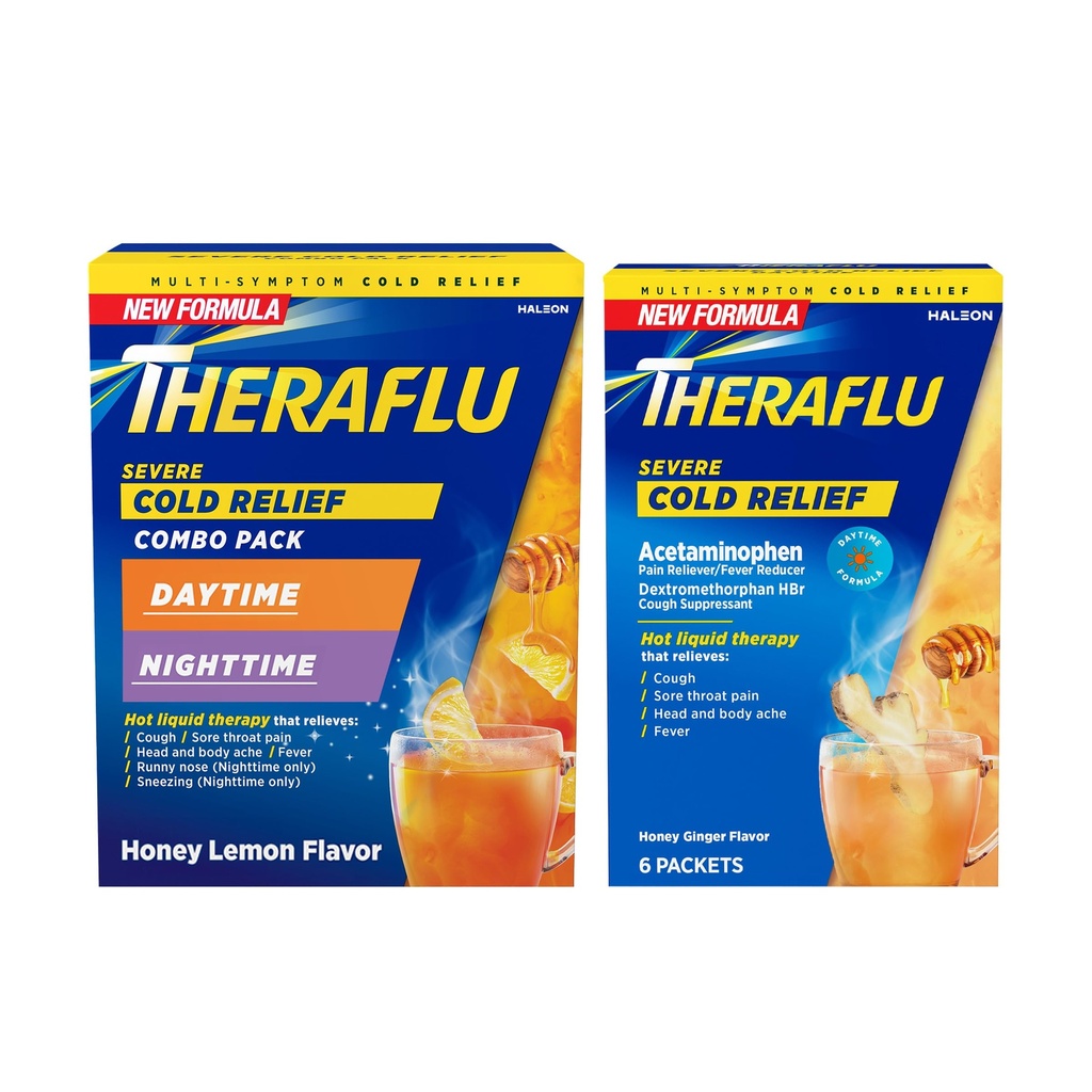 Theraflu Ernstige koude relief Hot Liquid Powder Combo: 12ct dag/nacht honing citroen smaak + 6ct dag honing gember smaak