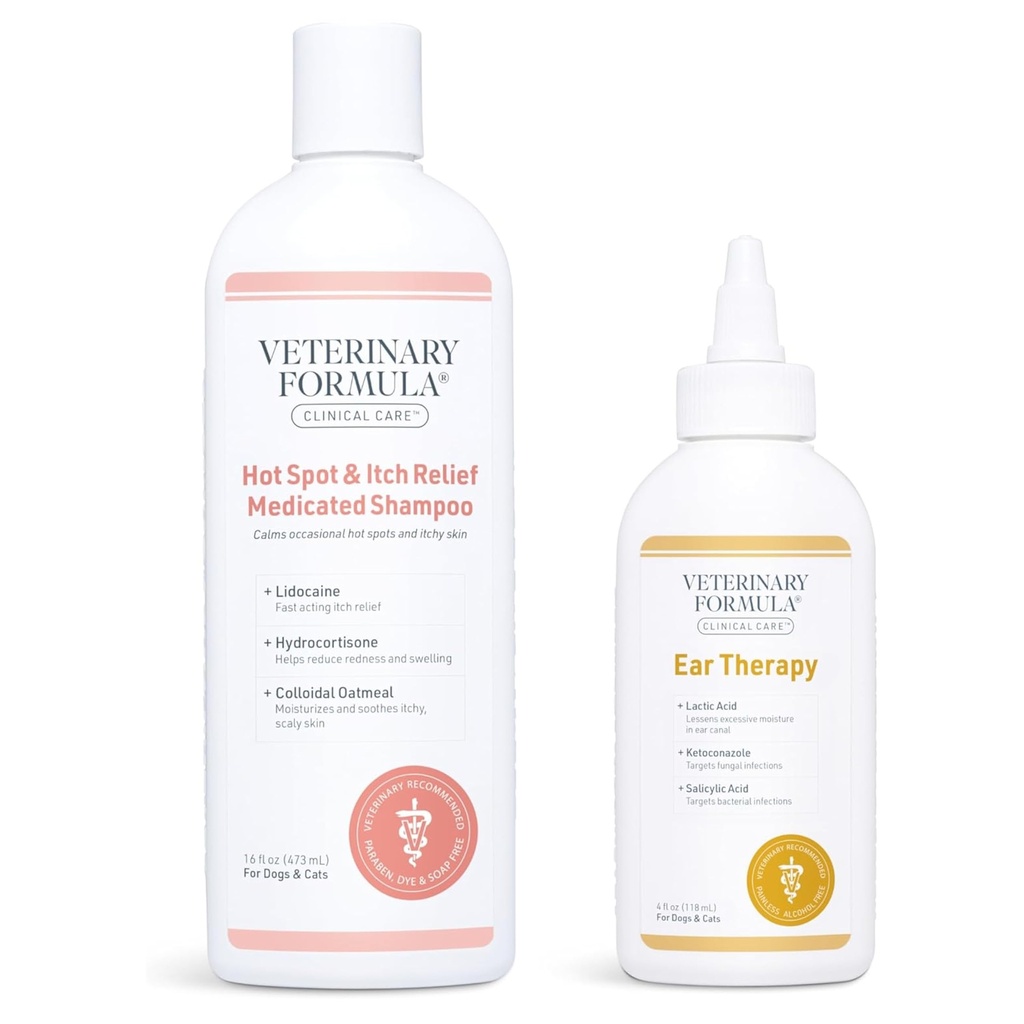 Veterinary Formula Clinical Care Hot Spot & Itch Relief Medicated Shampoo for Dogs and Cats (16oz) + Veterinary Formula Clinical Care Ear Therapy for Dogs and Cats (4 oz.)